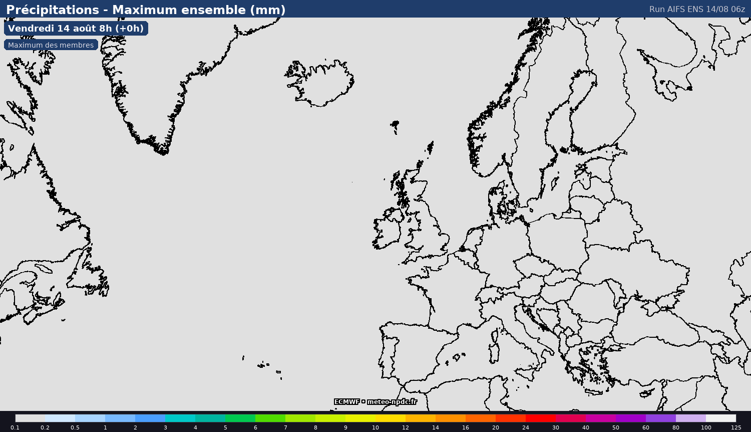 Carte de prévision météo du modèle AIFS Ensemble (0.25°) - Température, précipitations, vent - ECMWF