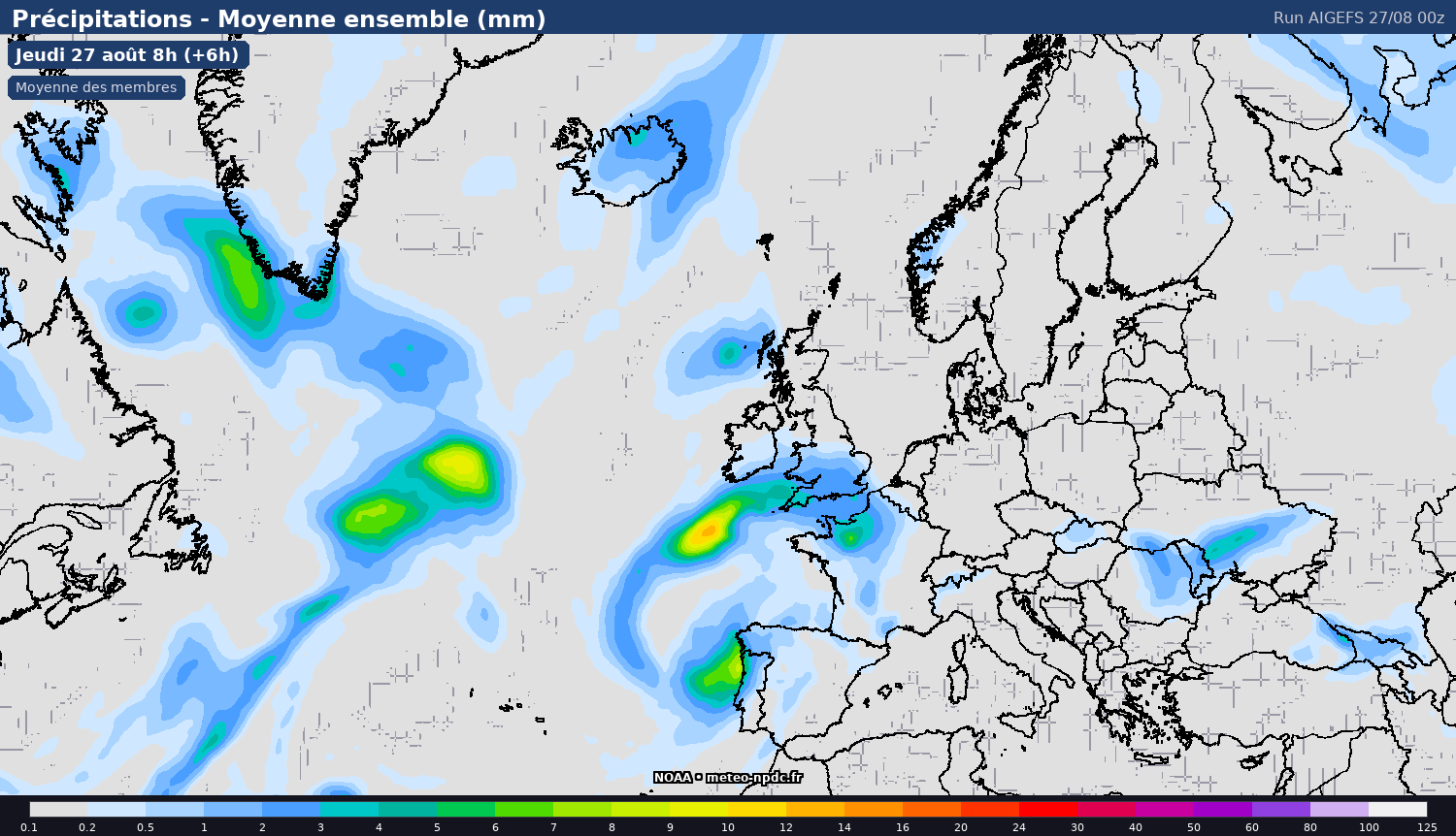Carte de prévision météo du modèle AIGEFS (25 km) - Température, précipitations, vent - NOAA