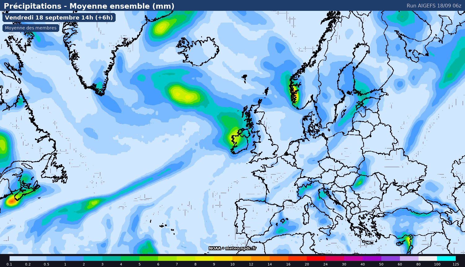 Carte de prévision météo du modèle AIGEFS (25 km) - Température, précipitations, vent - NOAA