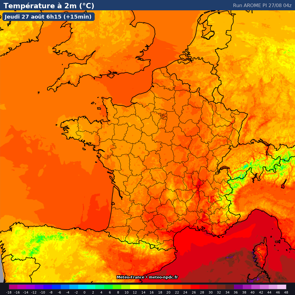 Carte de prévision météo du modèle AROME PI (1.3 km) - Température, précipitations, vent - Météo-France