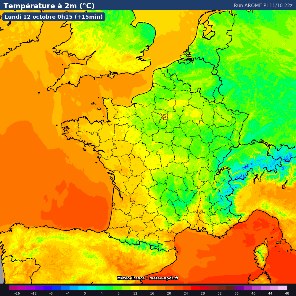Carte de prévision météo du modèle AROME PI (1.3 km) - Température, précipitations, vent - Météo-France