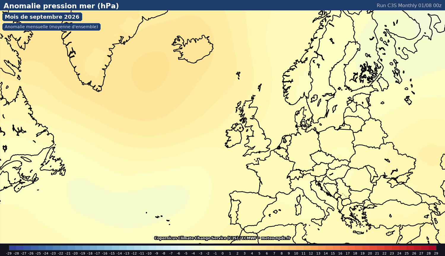 Carte de prévision météo du modèle C3S Monthly (1°) - Température, précipitations, vent - Copernicus