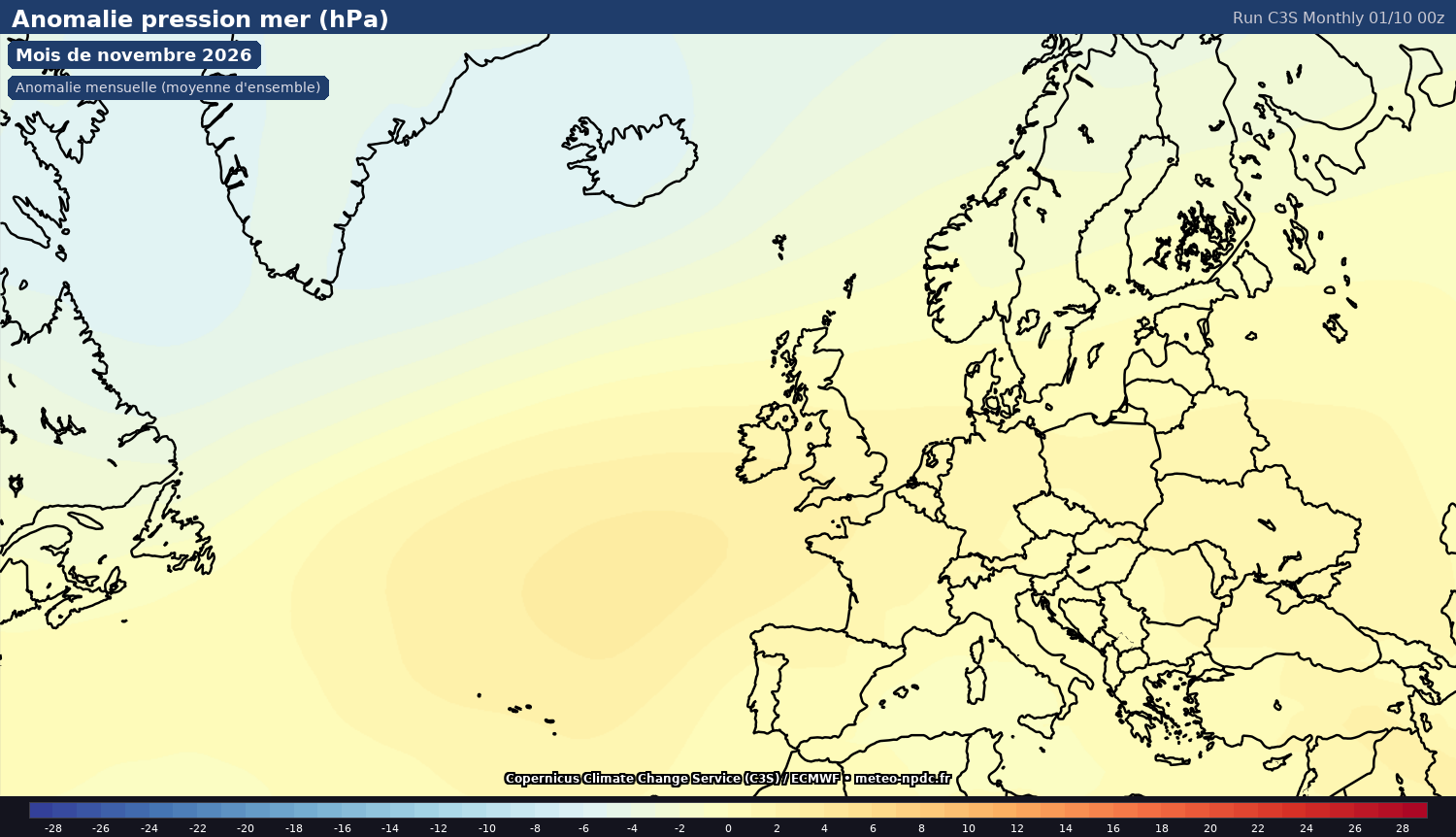 Carte de prévision météo du modèle C3S Monthly (1°) - Température, précipitations, vent - Copernicus