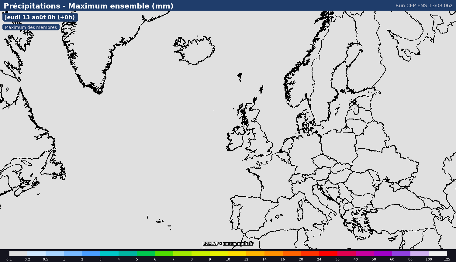 Carte de prévision météo du modèle ECMWF IFS Ensemble (0.25°) - Température, précipitations, vent - ECMWF