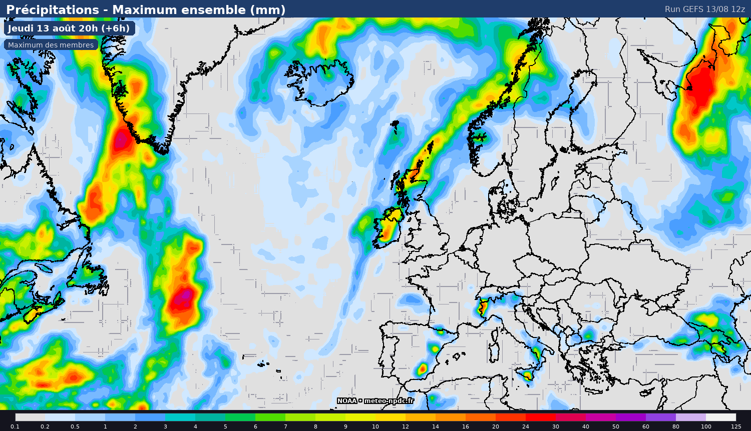 Carte de prévision météo du modèle GEFS (25 km) - Température, précipitations, vent - NOAA