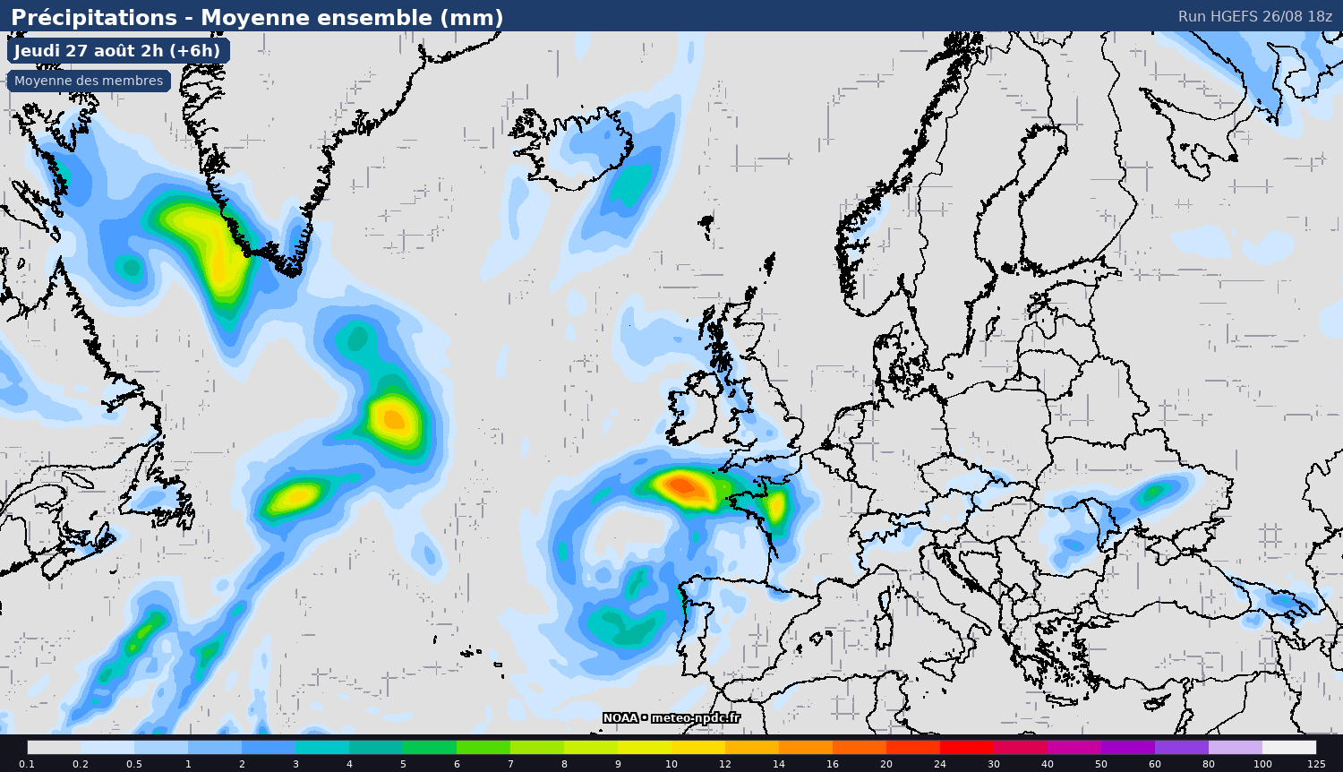 Carte de prévision météo du modèle HGEFS (25 km) - Température, précipitations, vent - NOAA