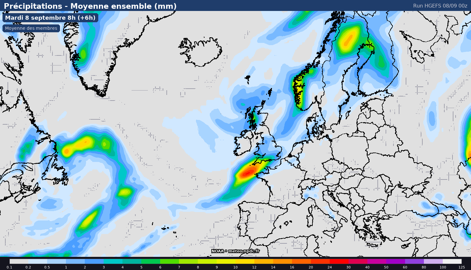 Carte de prévision météo du modèle HGEFS (25 km) - Température, précipitations, vent - NOAA