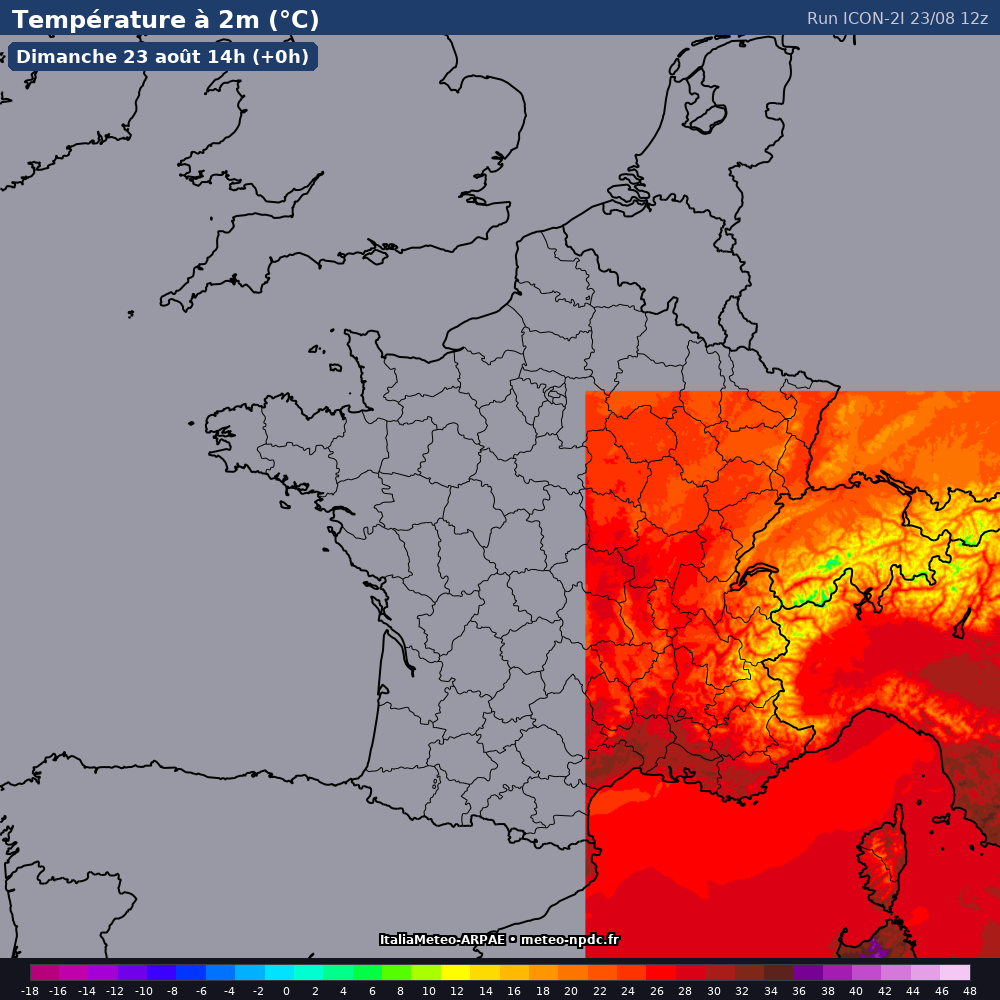 Carte de prévision météo du modèle ICON 2I (2 km) - Température, précipitations, vent - DWD
