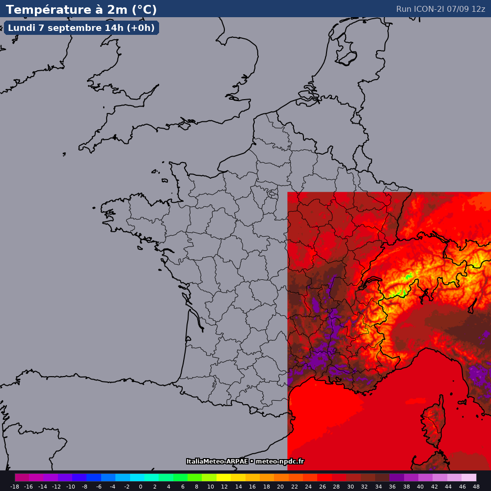 Carte de prévision météo du modèle ICON 2I (2 km) - Température, précipitations, vent - DWD