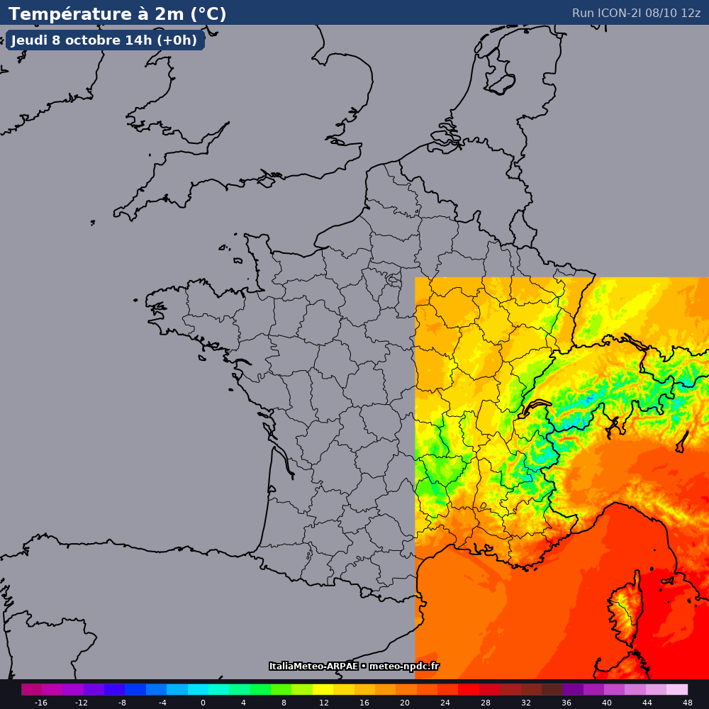 Carte de prévision météo du modèle ICON 2I (2 km) - Température, précipitations, vent - DWD