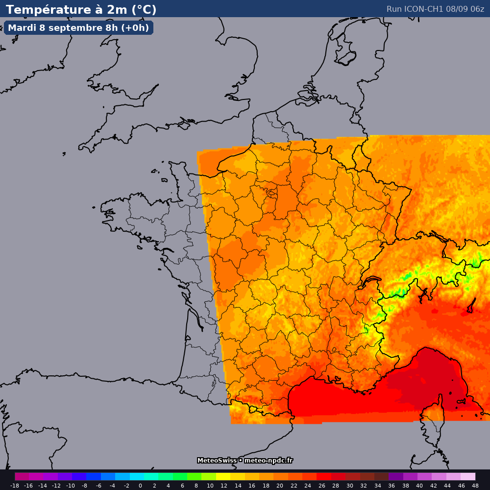 Carte de prévision météo du modèle ICON CH1 (1.1 km) - Température, précipitations, vent - MeteoSwiss