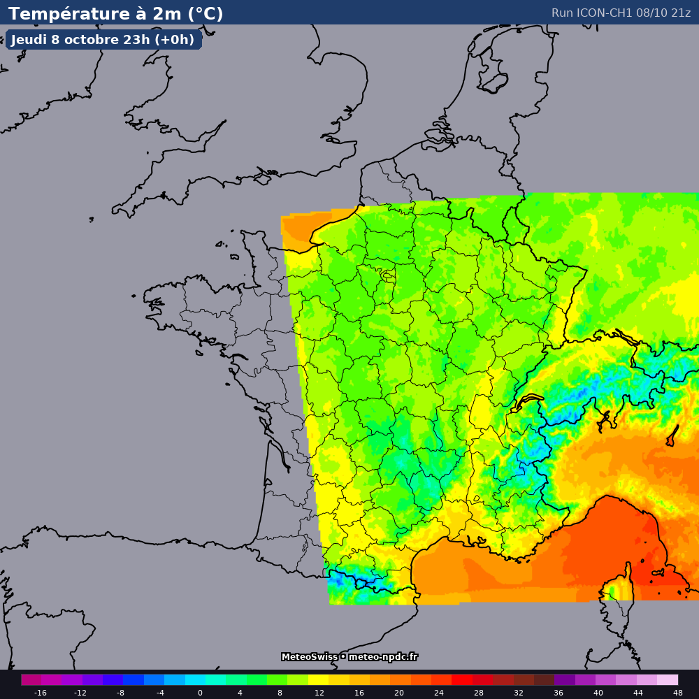 Carte de prévision météo du modèle ICON CH1 (1.1 km) - Température, précipitations, vent - MeteoSwiss