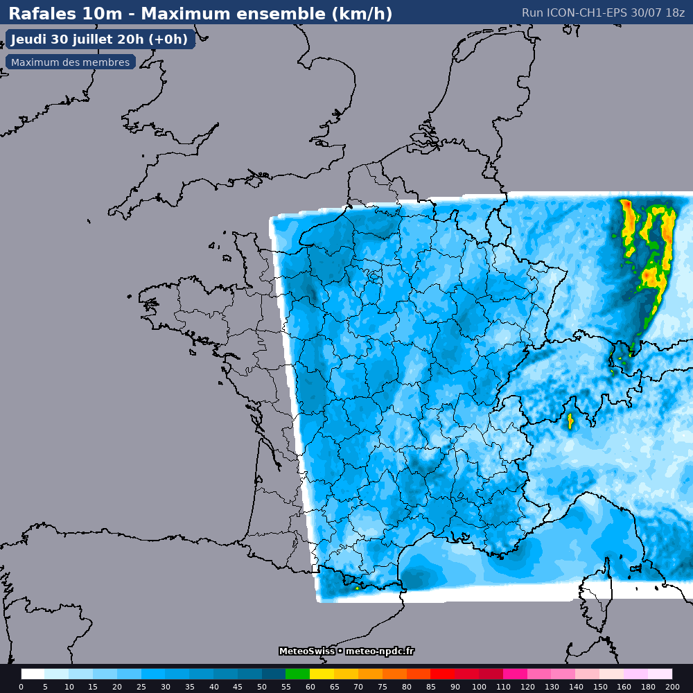 Carte de prévision météo du modèle ICON CH1 EPS (1.1 km) - Température, précipitations, vent - MeteoSwiss