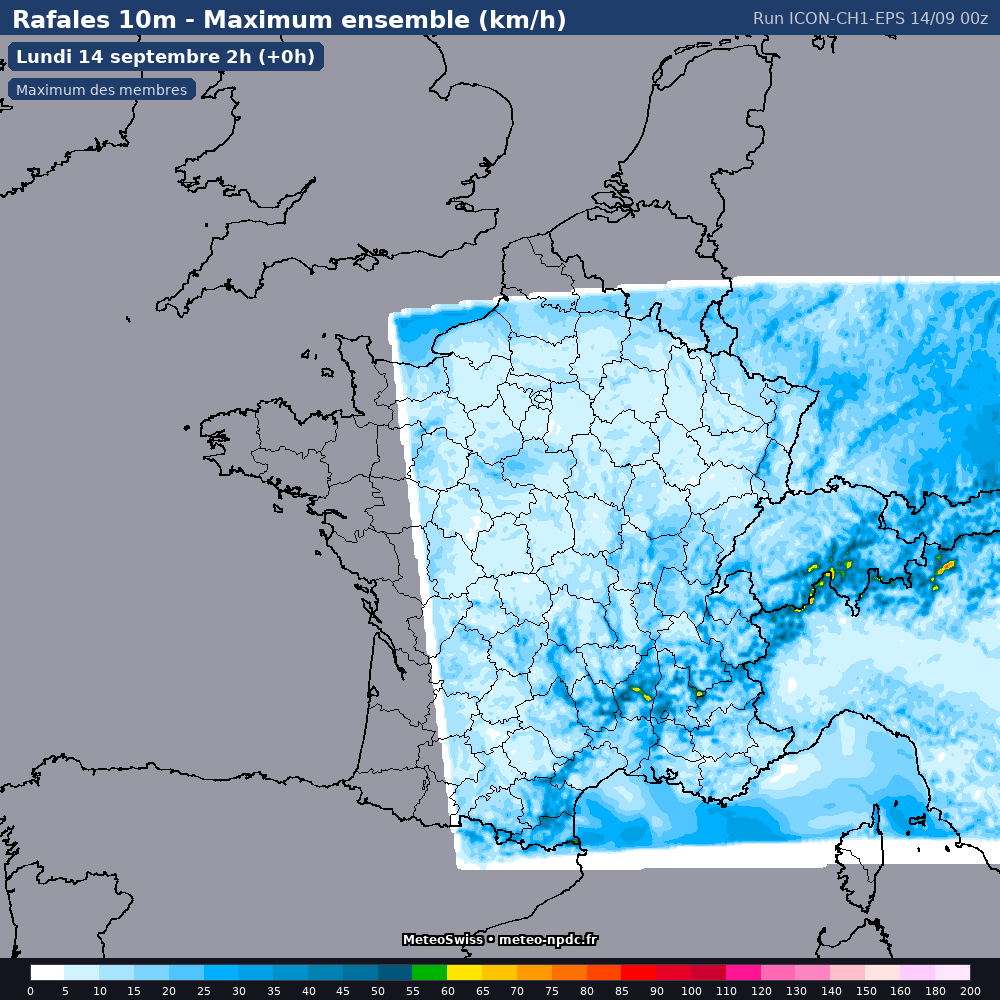 Carte de prévision météo du modèle ICON CH1 EPS (1.1 km) - Température, précipitations, vent - MeteoSwiss