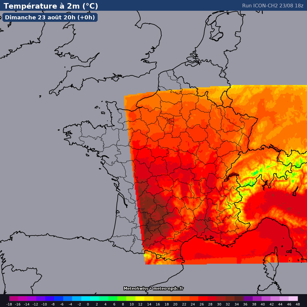 Carte de prévision météo du modèle ICON CH2 (2.2 km) - Température, précipitations, vent - MeteoSwiss