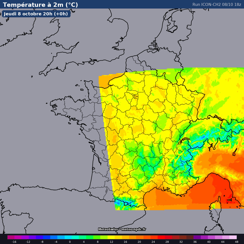 Carte de prévision météo du modèle ICON CH2 (2.2 km) - Température, précipitations, vent - MeteoSwiss