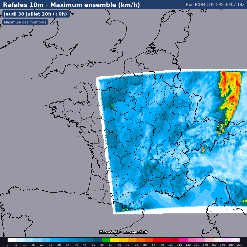 Carte de prévision météo du modèle ICON CH2 EPS (2.2 km) - Température, précipitations, vent - MeteoSwiss