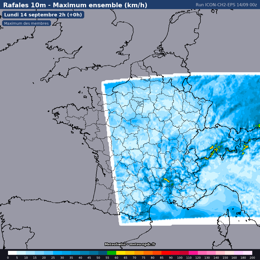 Carte de prévision météo du modèle ICON CH2 EPS (2.2 km) - Température, précipitations, vent - MeteoSwiss