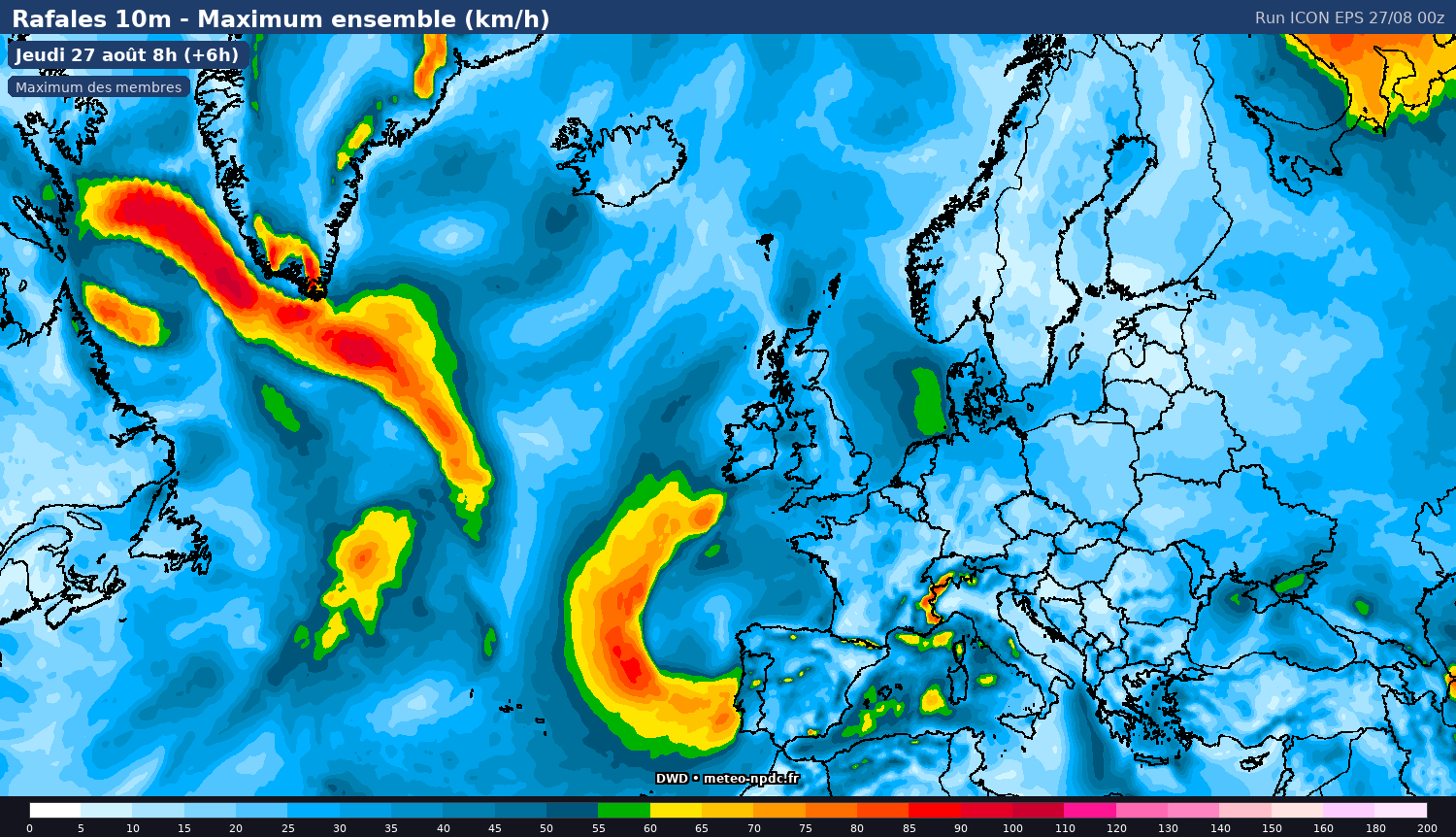 Carte de prévision météo du modèle ICON-EPS (13 km) - Température, précipitations, vent - DWD