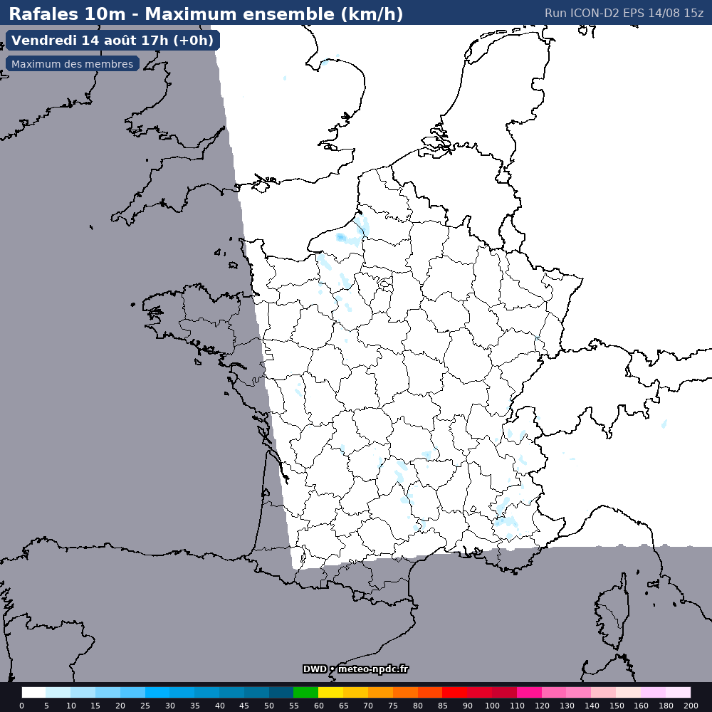 Carte de prévision météo du modèle ICON-D2-EPS (2.5 km) - Température, précipitations, vent - DWD