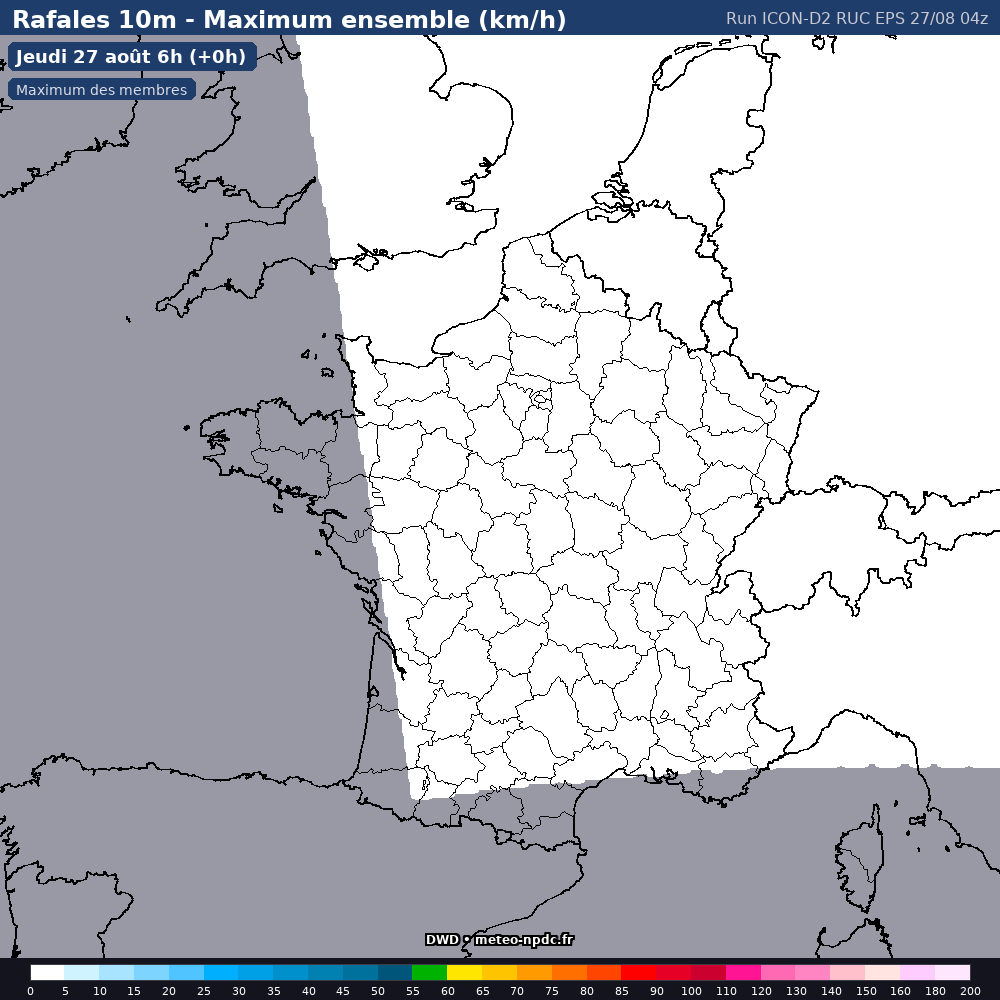 Carte de prévision météo du modèle ICON D2 Rapid Update Cycle (RUC) EPS (2.5 km) - Température, précipitations, vent - DWD