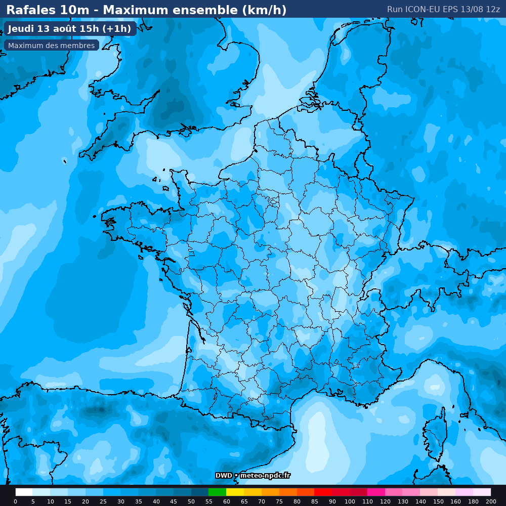 Carte de prévision météo du modèle ICON-EU-EPS (7 km) - Température, précipitations, vent - DWD