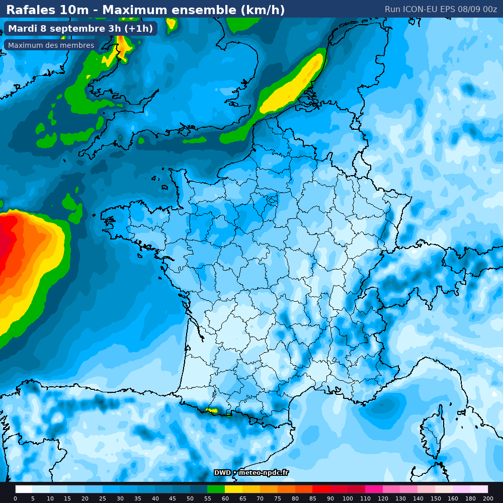 Carte de prévision météo du modèle ICON-EU-EPS (7 km) - Température, précipitations, vent - DWD