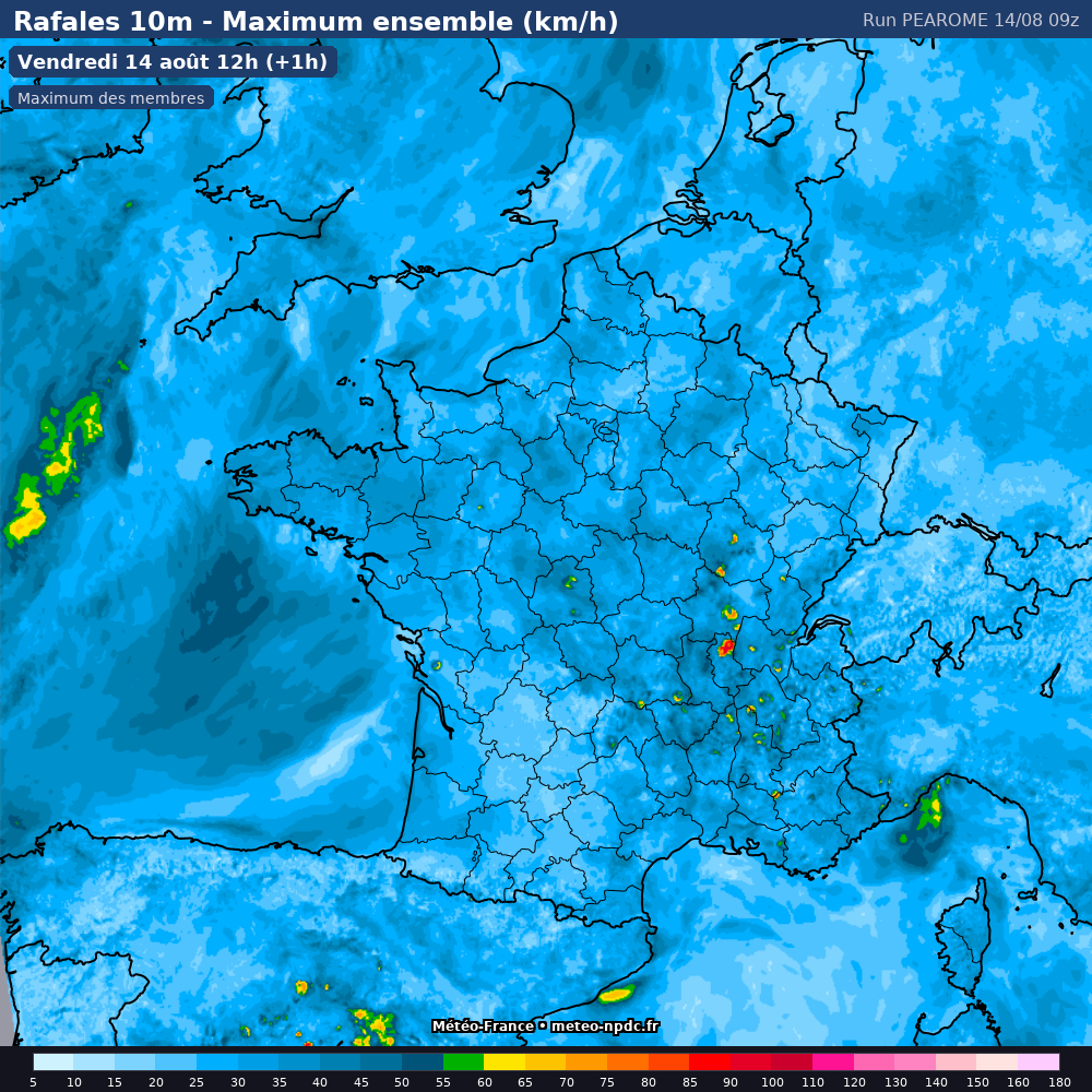 Carte de prévision météo du modèle PEAROME (1.3 km) - Température, précipitations, vent - Météo-France