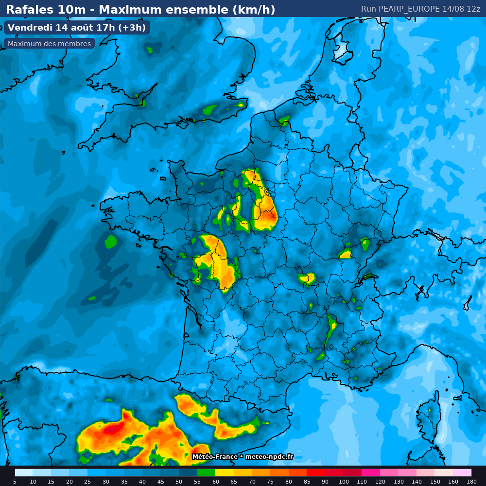 Carte de prévision météo du modèle PEARP Europe (10 km) - Température, précipitations, vent - Météo-France