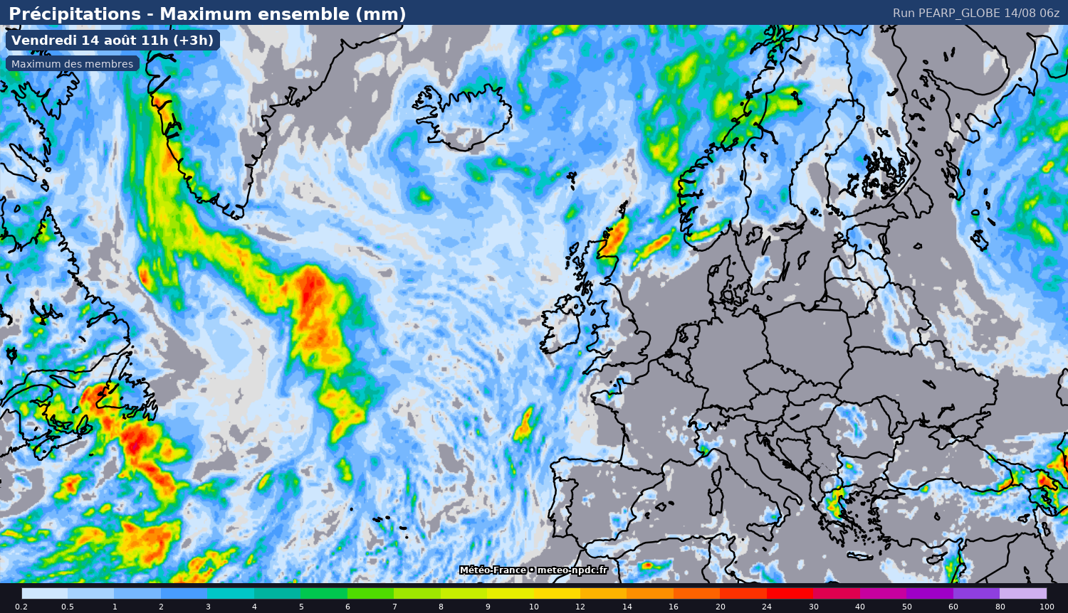 Carte de prévision météo du modèle PEARP (25 km) - Température, précipitations, vent - Météo-France