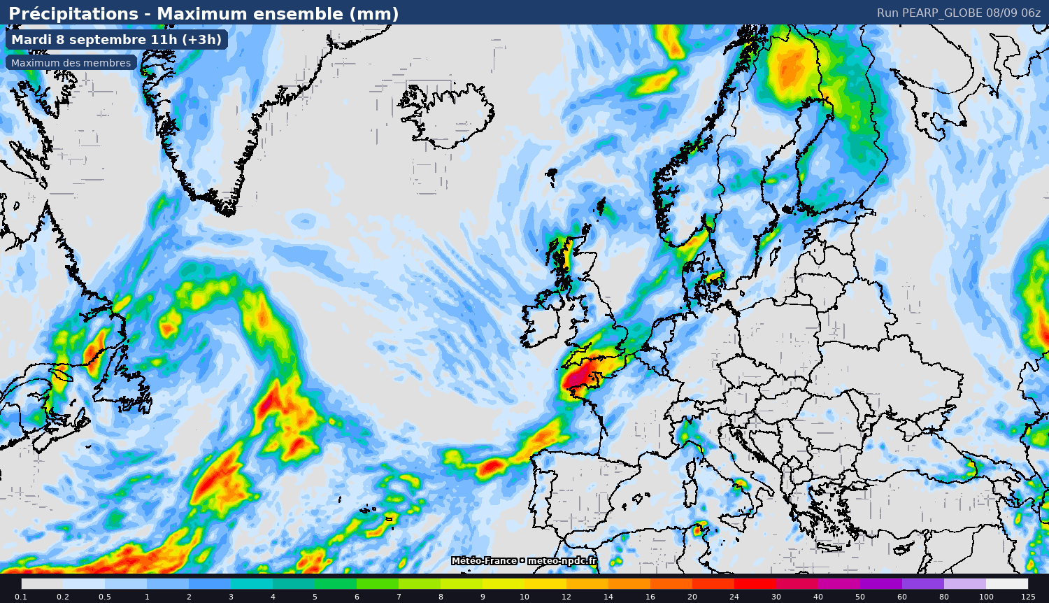 Carte de prévision météo du modèle PEARP (25 km) - Température, précipitations, vent - Météo-France