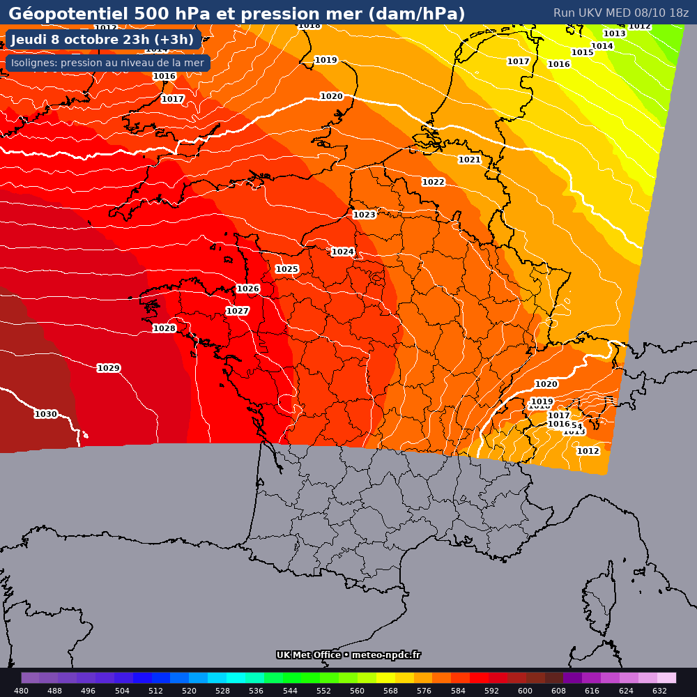 Carte de prévision météo du modèle UKV Short/Med (2 km) - Température, précipitations, vent - Met Office